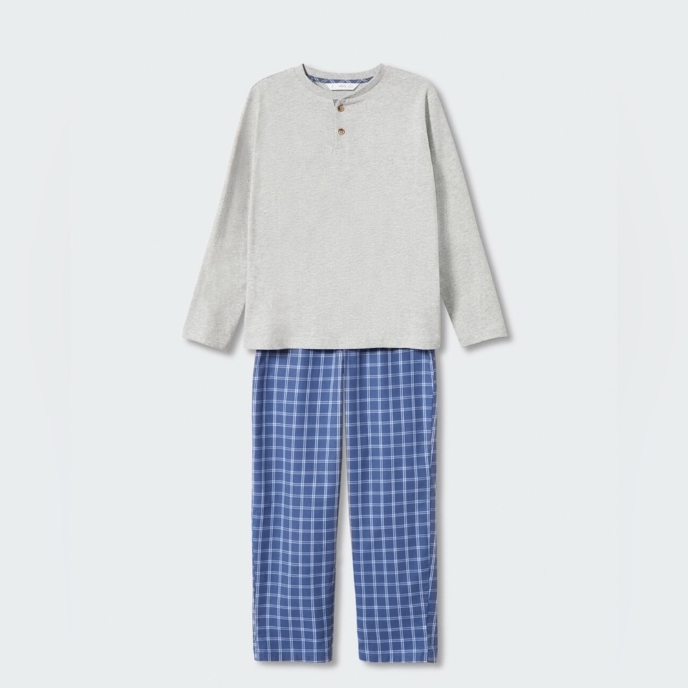 NWT Mango| Kids Heather Gray and Blue Cotton Plaid Pajama Set- Size 5-6 years